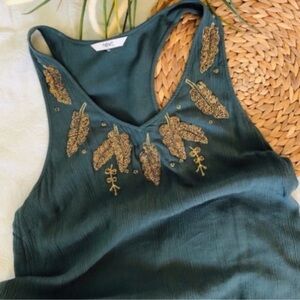 Next Green Embellished Tank Top with Gold Accents